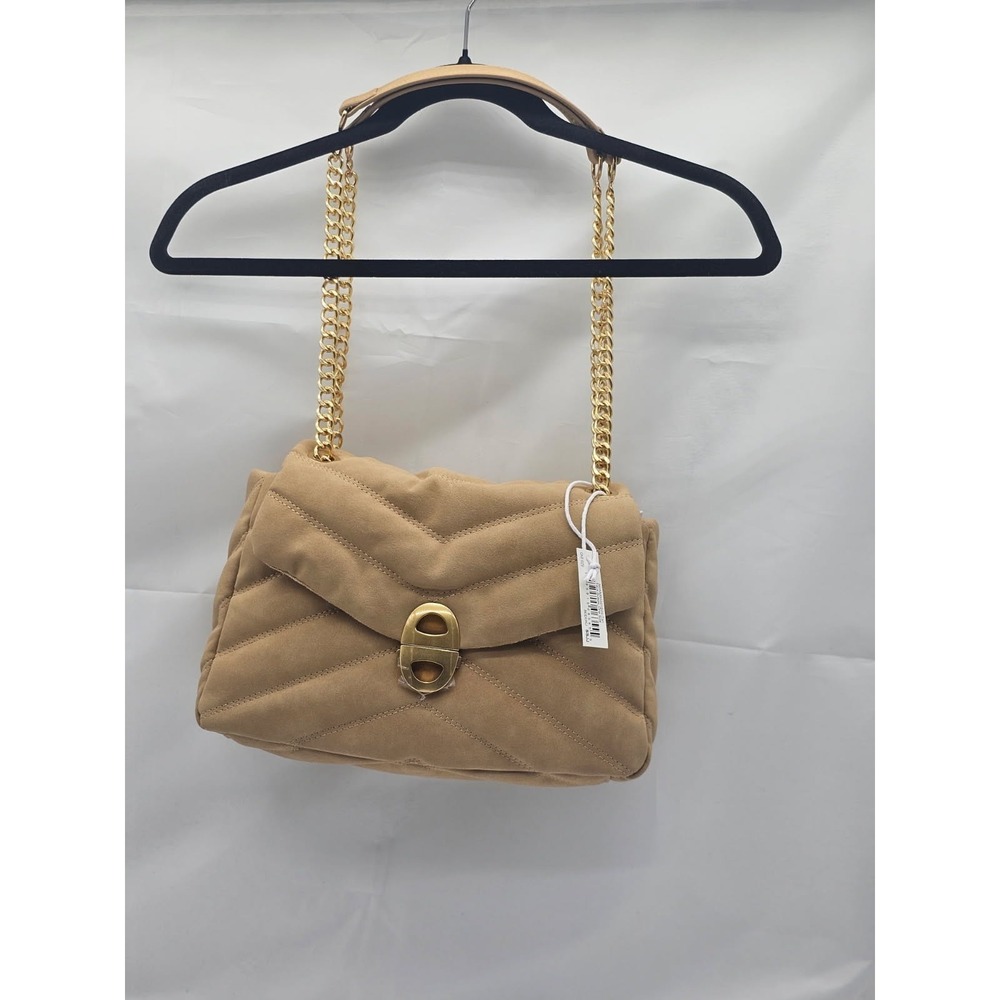 Womens Soft Quilted Flap Bag Faux Suede with Chain Tan  NWT